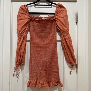 Reformation blush/mauve linen smocked long sleeve dress